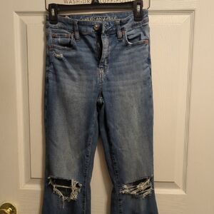 American Eagle Outfitters Women's Light Blue Ripped Flare Jeans